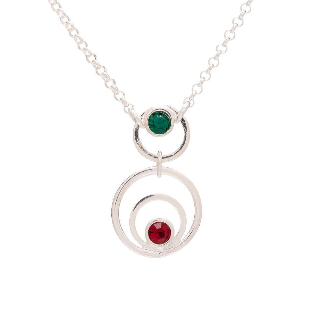 Collar de Plata de Ley compuesto por dos formas circulares con dos cristales de color esmeralda y rubí
