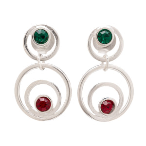 Pendientes de Plata de Ley con dos piezas circulares y dos cristales de color esmeralda y rubí